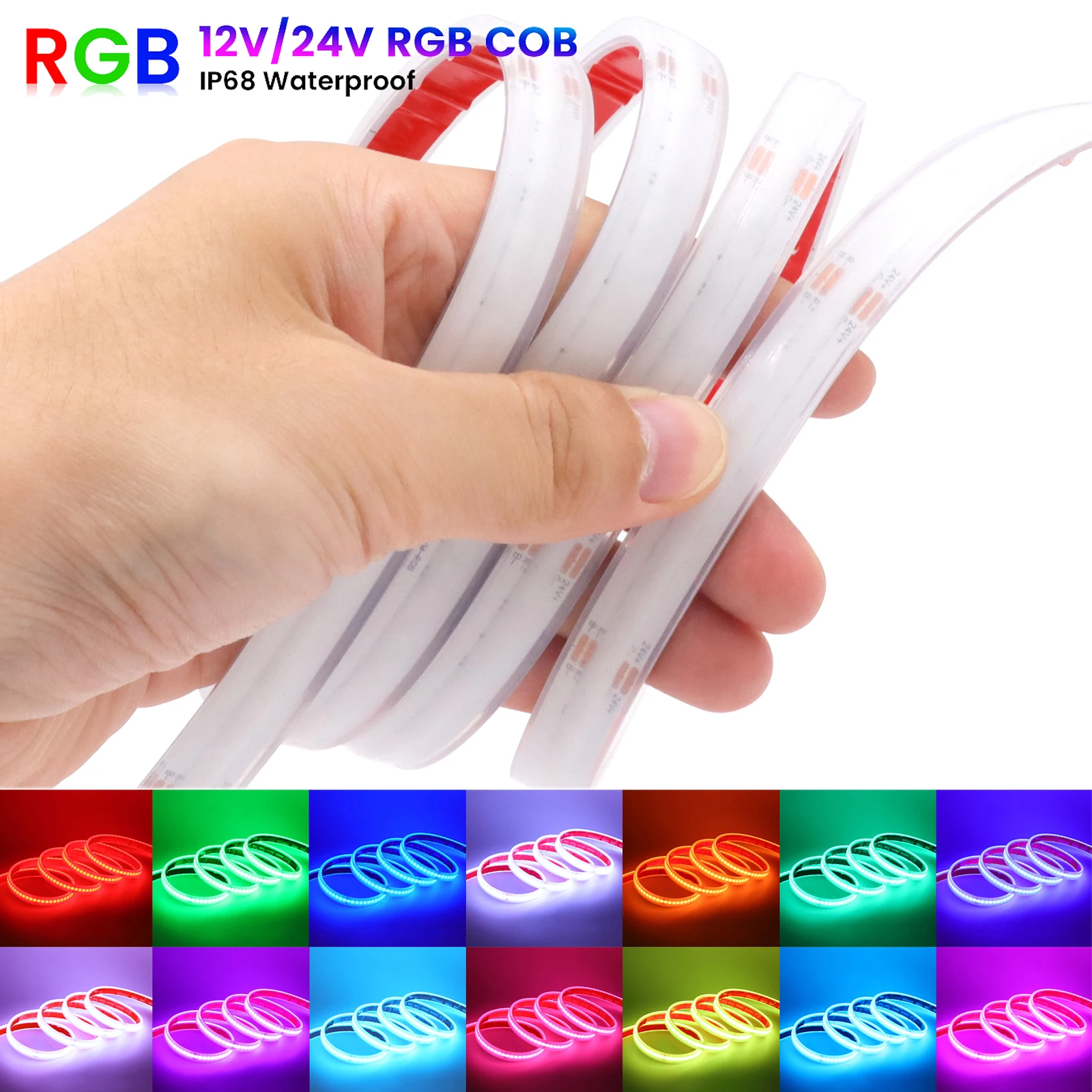 

DC 12 В 24 В IP68 Водонепроницаемая светодиодная лента RGB COB 576 светодиодов/м Высокая плотность RA90 RGB COB Лента Гибкая лента для домашнего декора сада