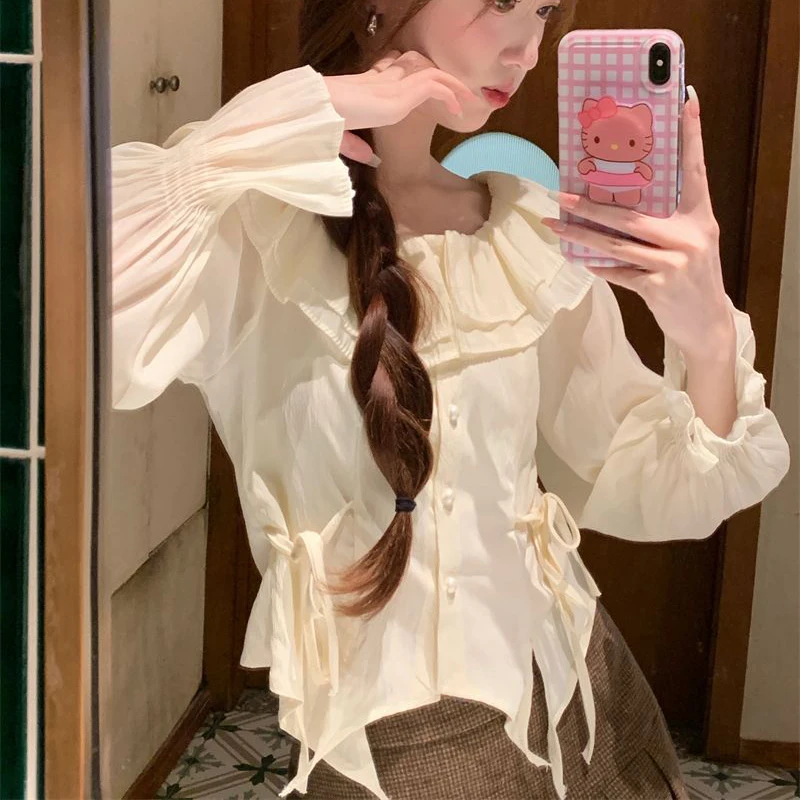 Рубашки и блузки на шнуровке Корейская Осенняя модная женская блузка Топ с