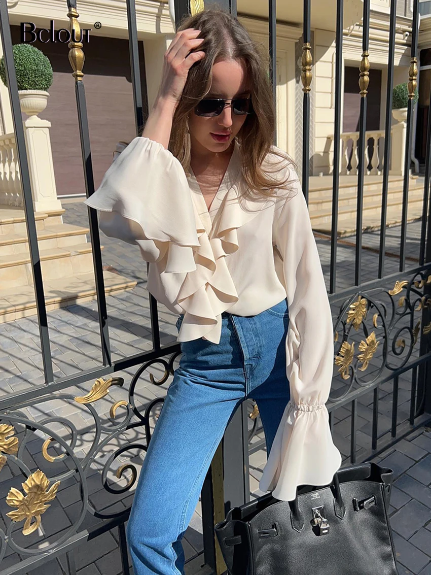 

Bclout Vintage Beige Chiffon Blouses Women 2023 Elegant Flare Sleeve Ruffled Office Lady Shirts Spring Thin V-Neck Loose Blouses