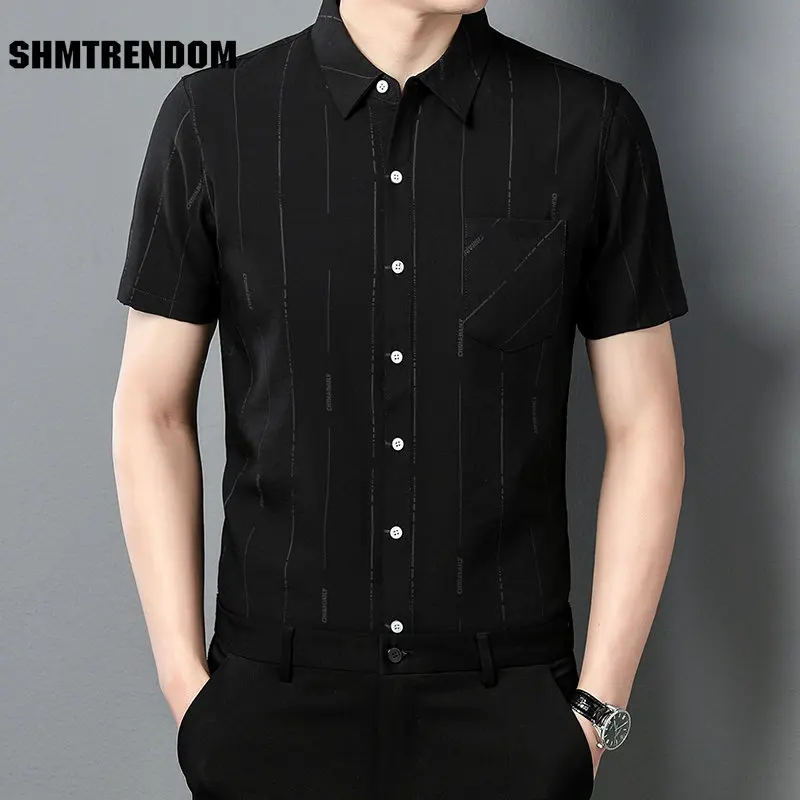 

Wash And Wear Striped Fashion Casual Loose Short Sleeve Men Shirt SummerNew Quality Silk Cotton Smooth Icy Cool Camisa Masculina