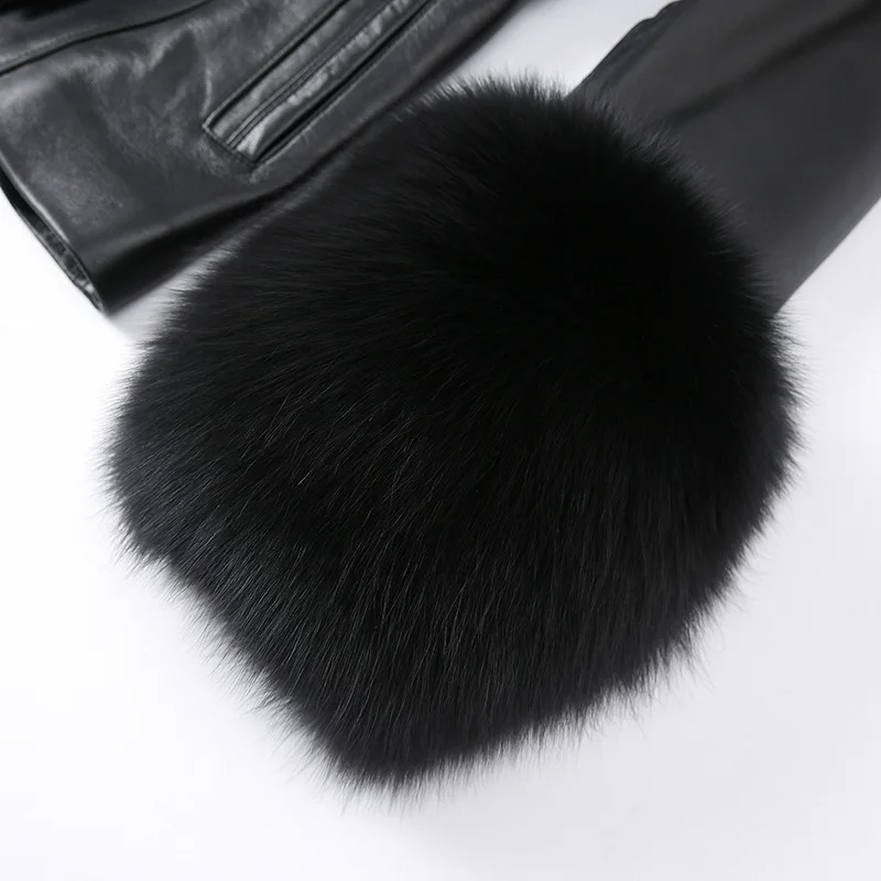 2023 New Autumn Winter Fox Fur Collar Real Leather Jacket Women Lady Streetwear Leather Coats FG5077 enlarge