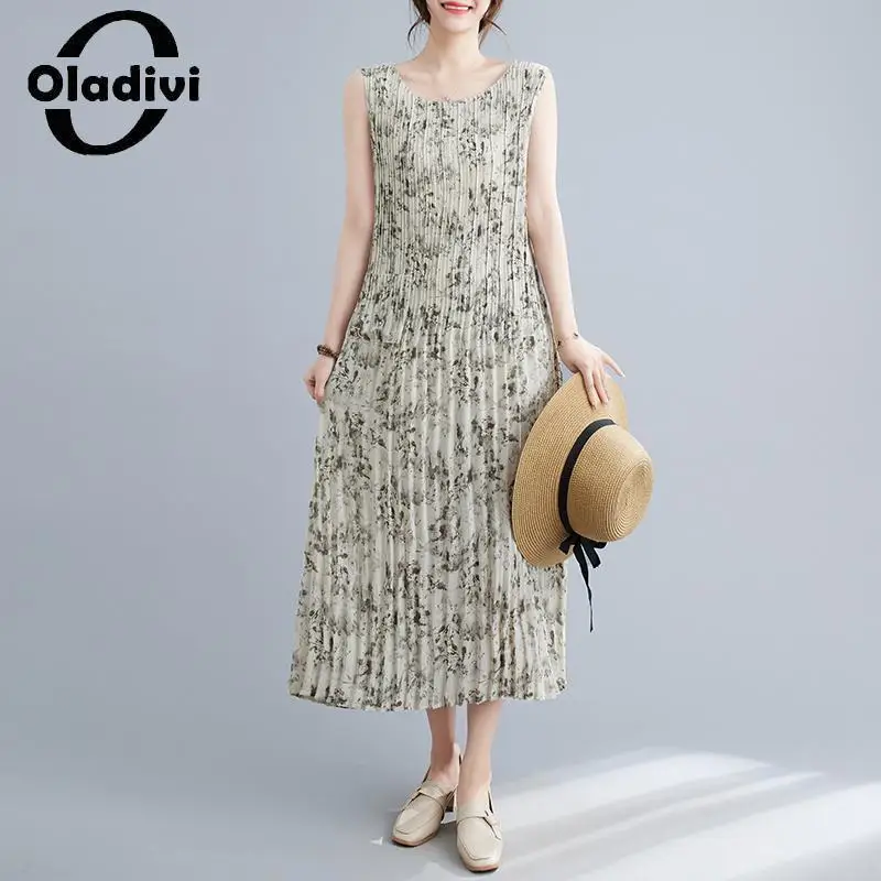 

Oladivi Модный женский сарафан без рукавов плиссированное платье 2023 Летние повседневные свободные платья винтажная Женская одежда оверсайз 2392