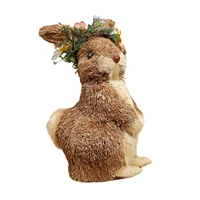 straw rabbit decoration easter bunny statue simulation figurine wearing wreath cute hand woven rabbit ornament for home office