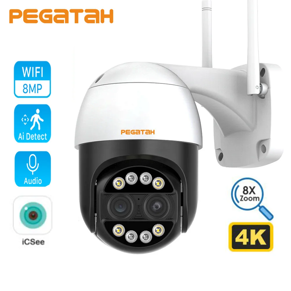 

Ip-камера PEGATAH 4K 8MP с двумя объективами, Wifi, PTZ, 2,8 + 12 мм, 8x zoom, 4MP, наружная, AI, отслеживание человека, 2-сторонняя аудио, умная домашняя камера безопасности