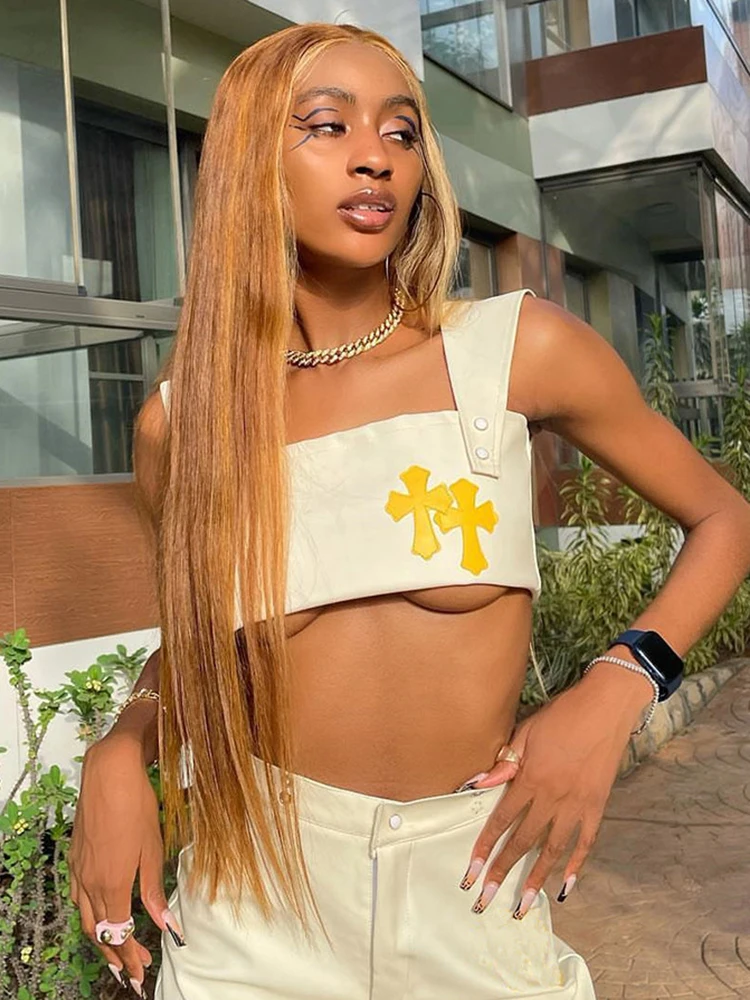 

Женский Повседневный укороченный топ Sifreyr из искусственной кожи, модные облегающие майки с перекрестной вышивкой на пуговицах, летняя улич...