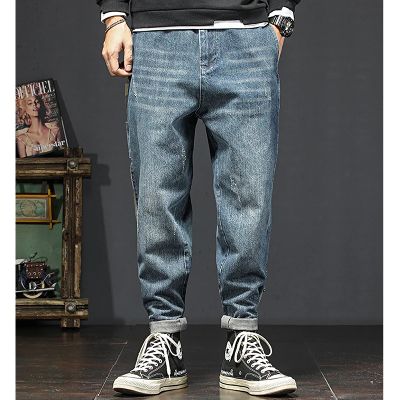 Streetwear Men 2022 Fashion New Pattern Vintage Splicing Recreational Blue Jeans Loose Straight Cylinder Trousers Autumn Female