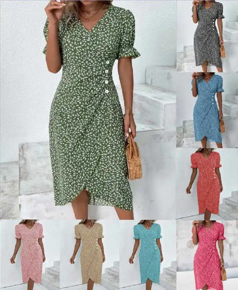 

Summer Womens Dress Holiday Casual Floral Irregular Hem V Neck