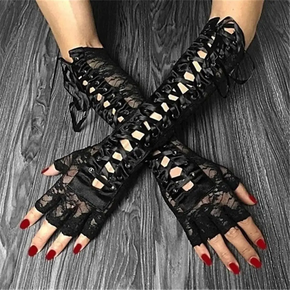 

1 Pair Night Club Fingerless Party Cosplay Ritual Dance Lace Gloves Gothic Gloves Punk Mittens Silk Ribbon