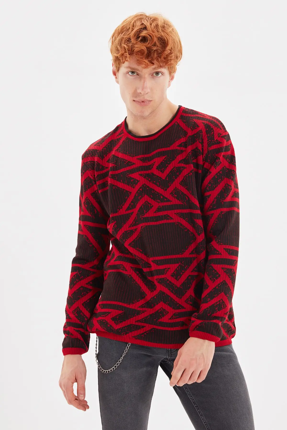 

Trendyol Men 'S Regular Fit Cycling Collar Geometric Knitwear Sweater TMNAW22KZ0376