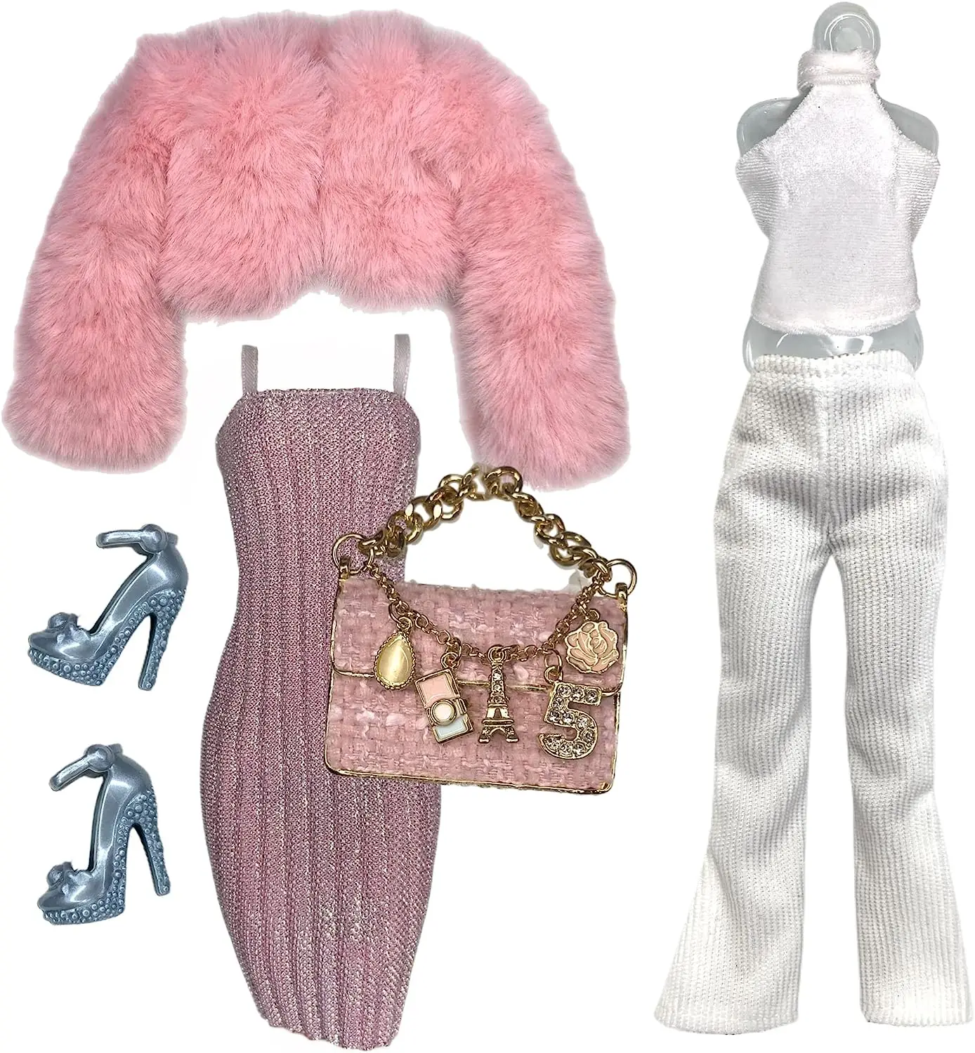 

Fashion 1/6 Doll Clothes Pink Fur Coat and White Set for 12 inch BJD Doll Clothes Set
