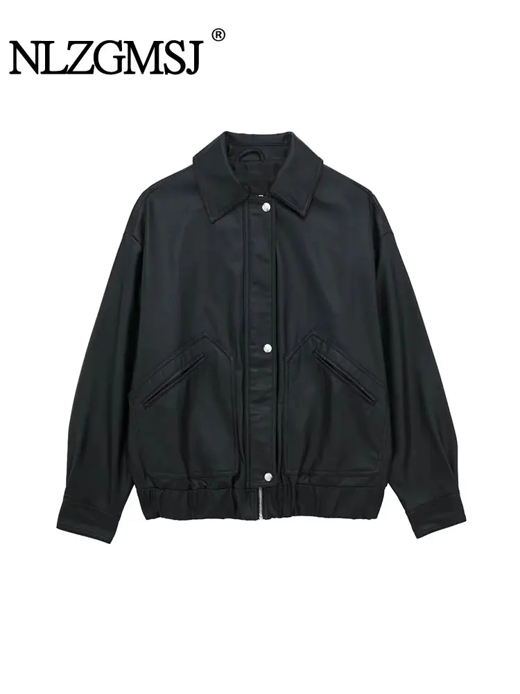 

TRAF 2023 Autumn Faux Leather Bomber Jackets for Women Black Jacket Woman Long Sleeve Jacket Coat Basic Button Coats