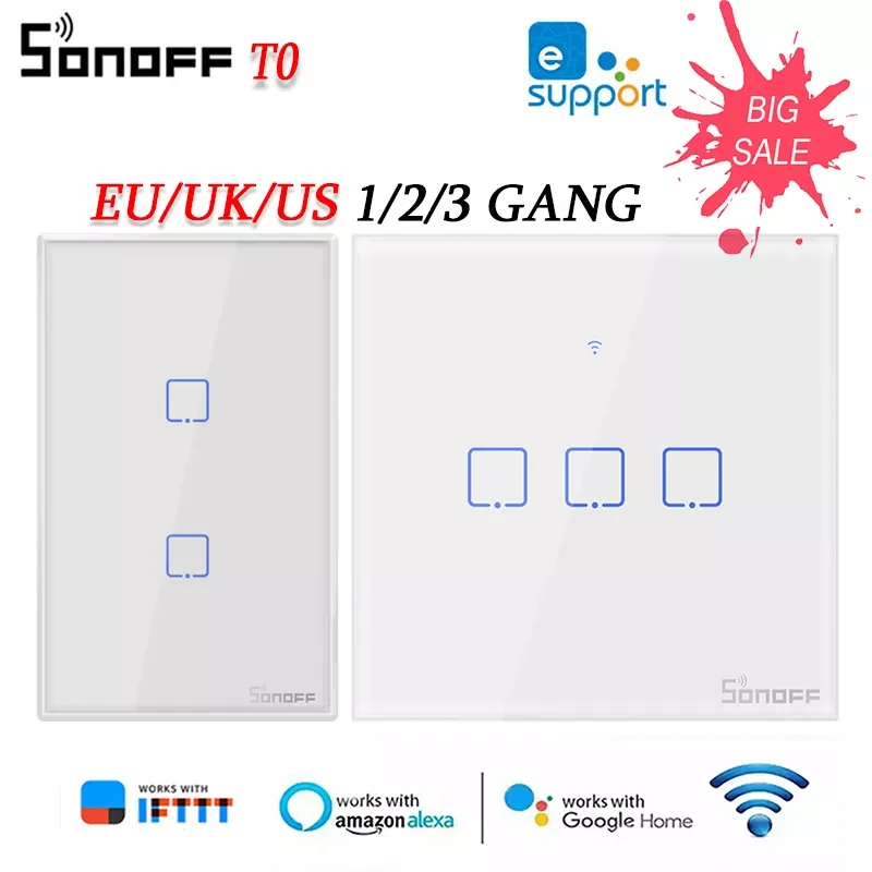 

SONOFF T0 TX WiFi Smart Wall Switch EU/US/UK 1/2/3 Gang Remote Control Light Switch Via Ewelink APP Work With Alexa Google Home