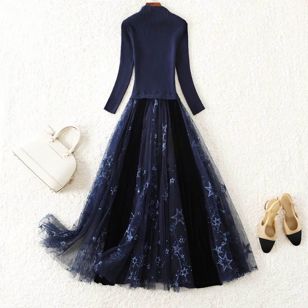 

Облегающие длинные платья-свитеры, Женская водолазка, Сетчатое вязаное платье в стиле пэчворк, женское элегантное женское платье, женское платье V3