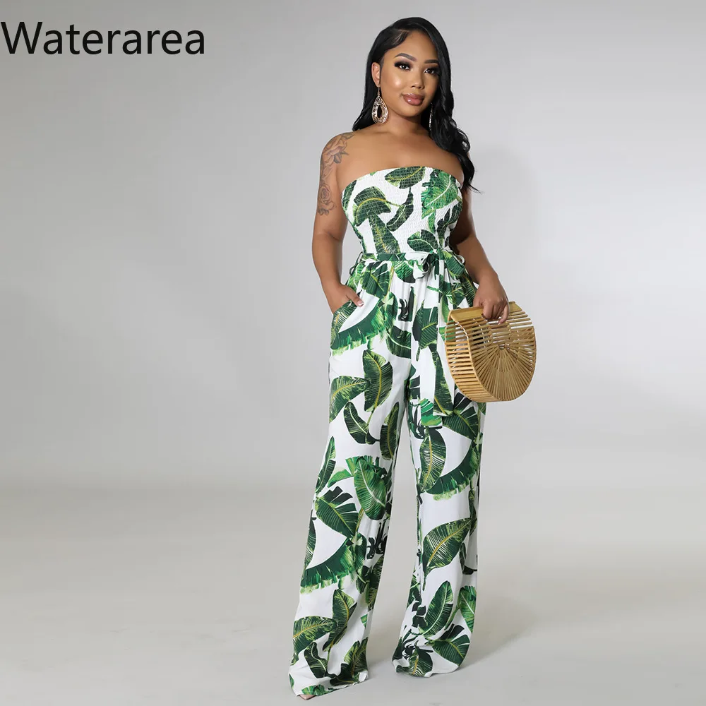 Женский комбинезон с цветочным принтом без бретелек высокой талией и поясом |