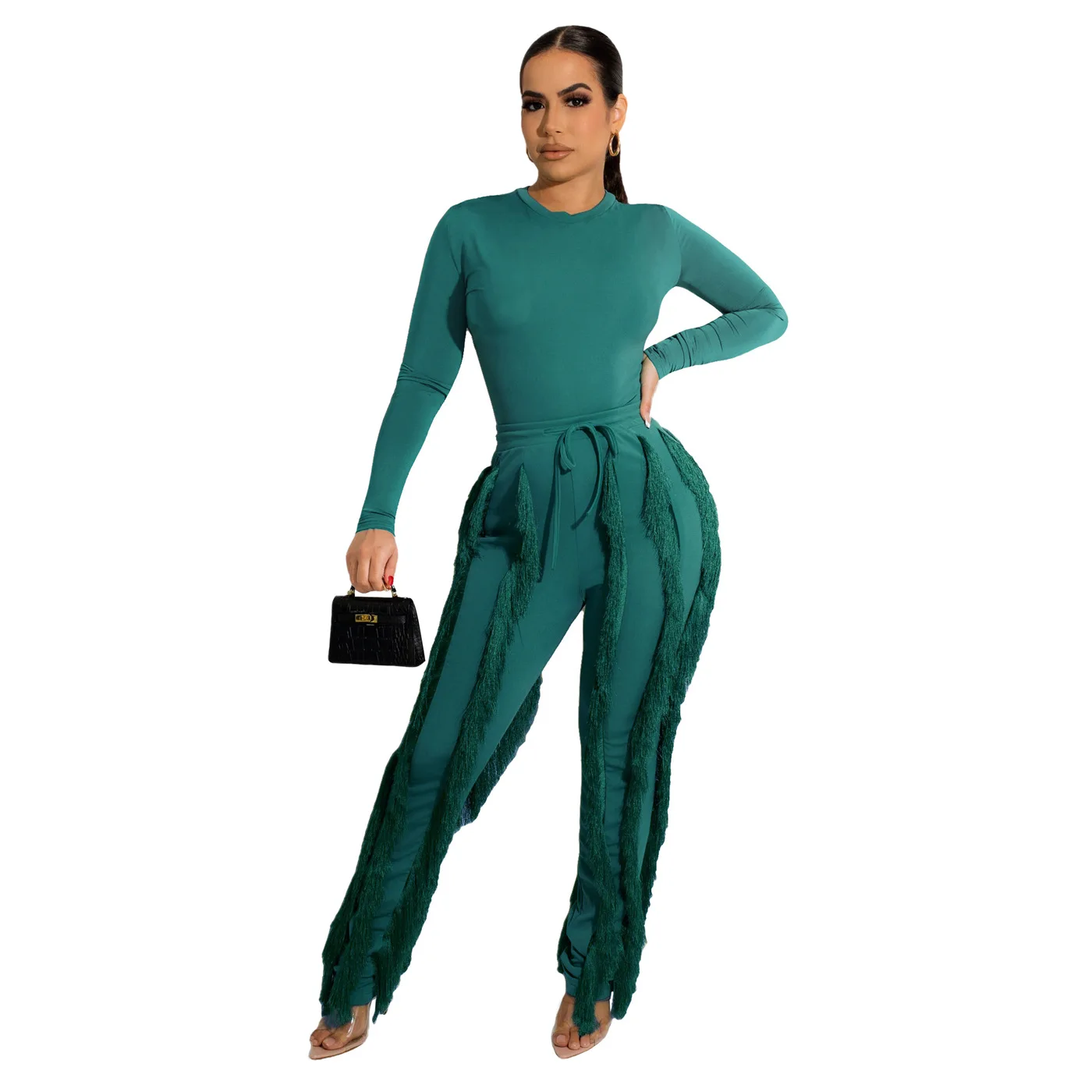

Chic Women Slim Set Bodysuit and Tassels Pants Outfits Fall Winter Fashion Skinny Sexy 2 Two Piece Loungewear Set