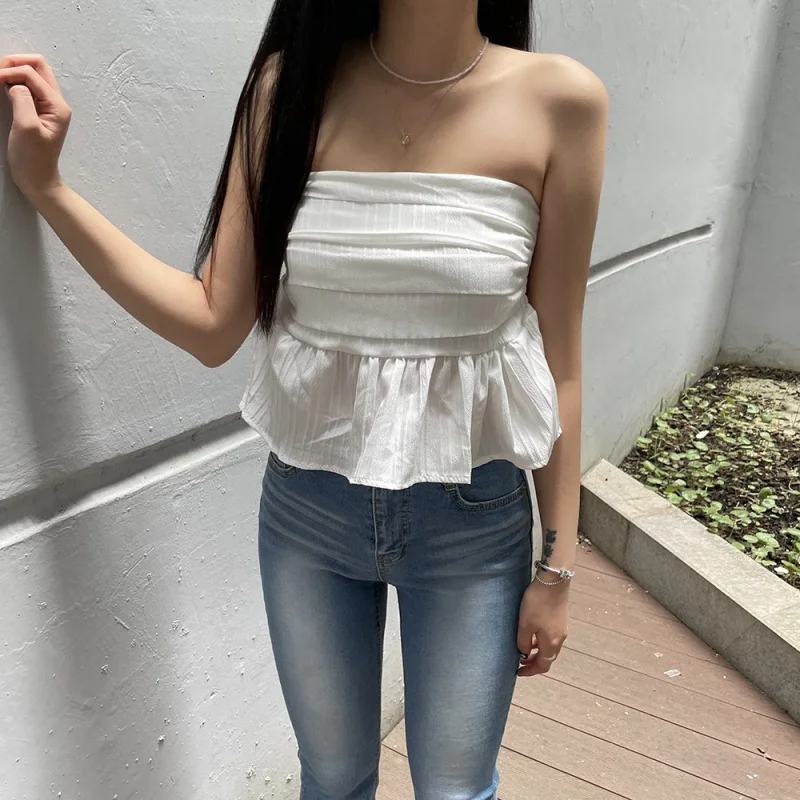 

Drimuse Women's Recreation Area Look Frill A-line Casual Banding Tube Top