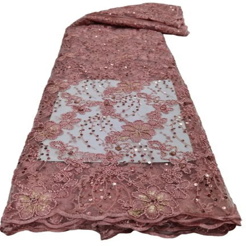 

Pink/Gold Hot Sale African Lace Fabric High Quality 3d Sequins Nigeria French Tulle Mesh Lace Fabric for Bridal Materials Sew