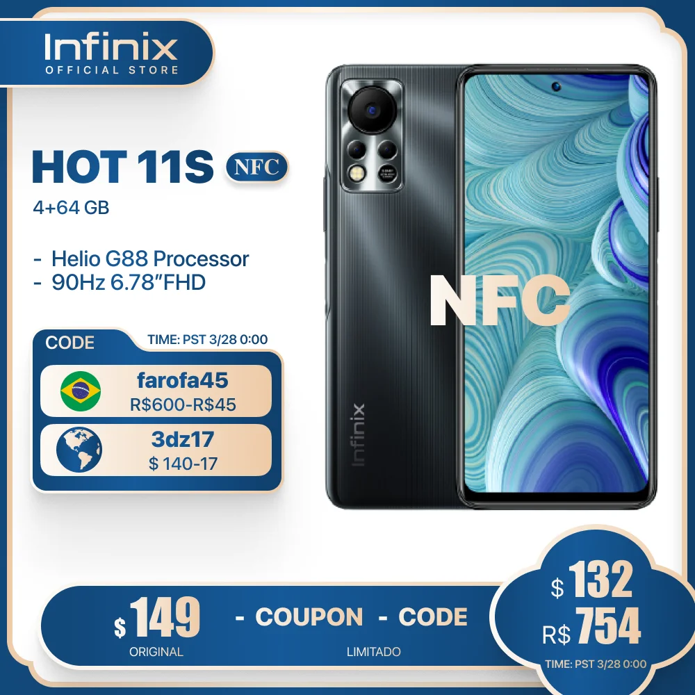 

Global Version Infinix HOT 11S NFC 4GB 64GB 6.78" FHD Punching Display Smartphone Helio G88 50MP AI Rear Camera 5000mAh Battery