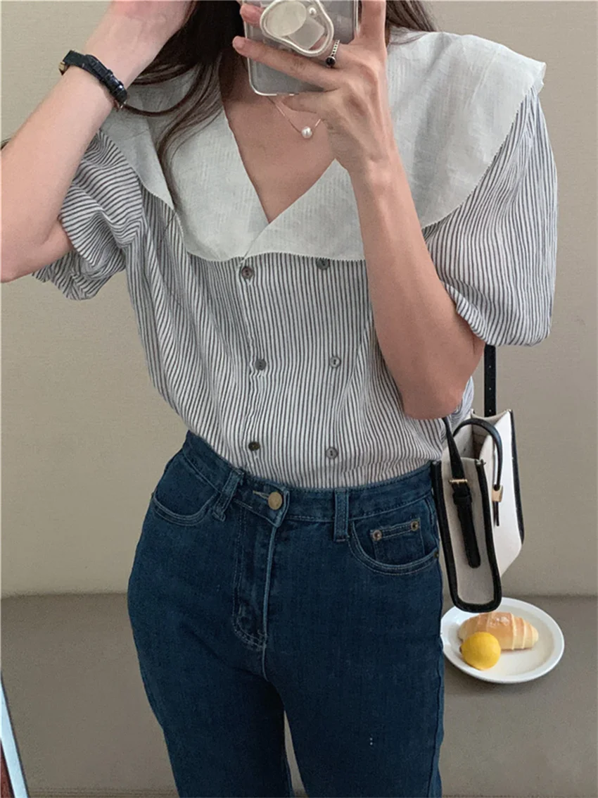 

Alien Kitty Korea Stripes Short Sleeve Shirts Women New Fashion 2022 Summer Office Wear Lady Elegant Loose Chic Casual Tops