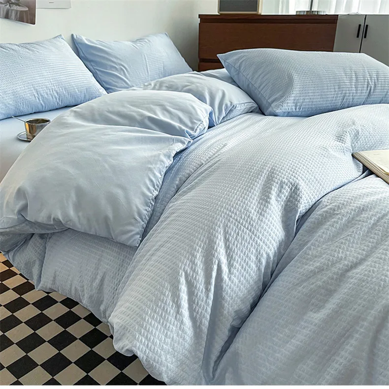 

Simple Solid Color Washed Cotton Waffle Seersucker Soft Four Season Universal Single Quilt Cover Four Piece Quilt Cover One Piec