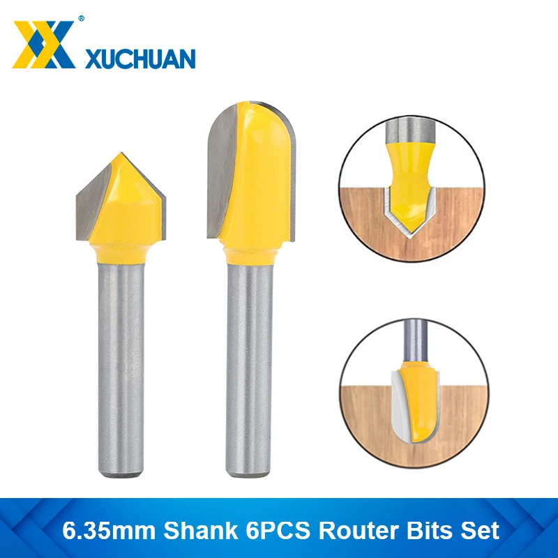 

1/4mm Shank Router Bits Set 6pcs Core Box Bit Rounf Nose Bit 90 Degree V-Groove Bit For Woodworking Tools