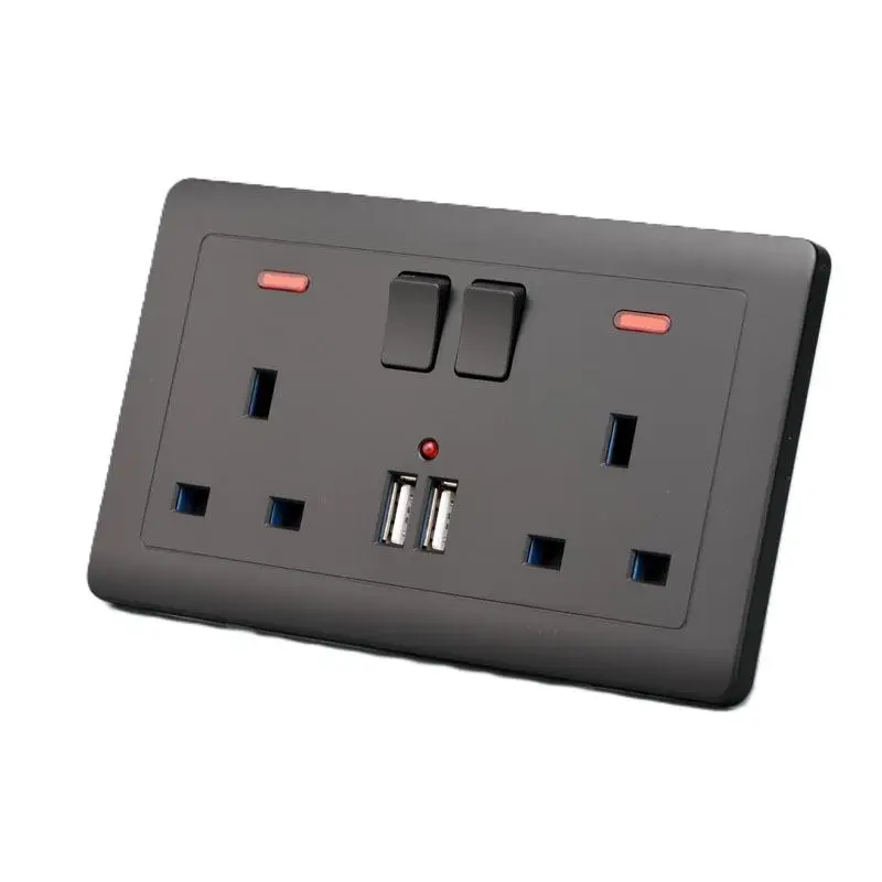 Фото Настенная розетка с британской вилкой 13А, двумя USB-портами для зарядки 5В 2.1А и LED-индикатором для ресторанов и кафе №2