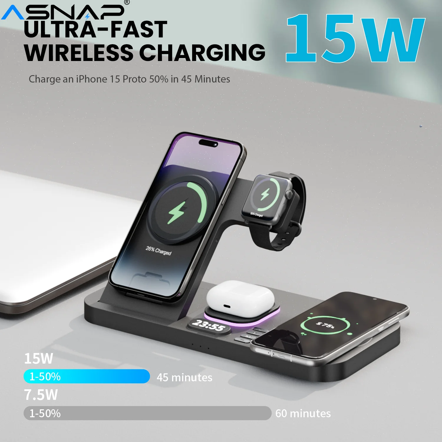 Складная беспроводная зарядная станция ASNAP 6 в 1 подставка для быстрой зарядки