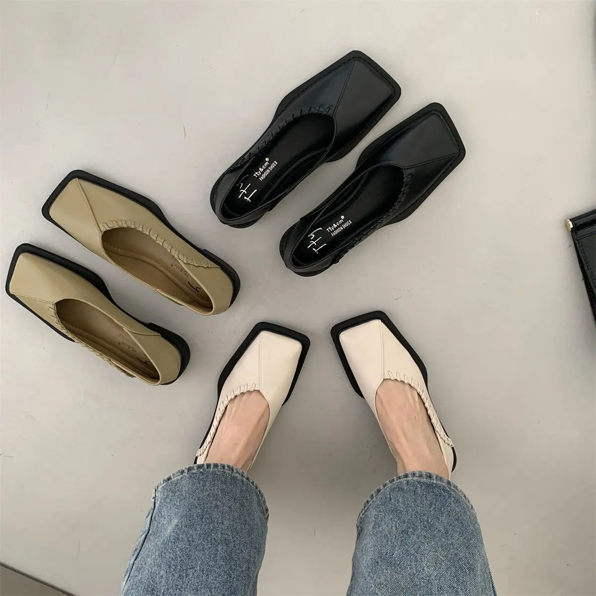 

Shoes for Women 2023 Flat Ladies Summer Footwear Flats Green Square Toe Wholesale on Promotion Elegant Dress Comfortable Stylish