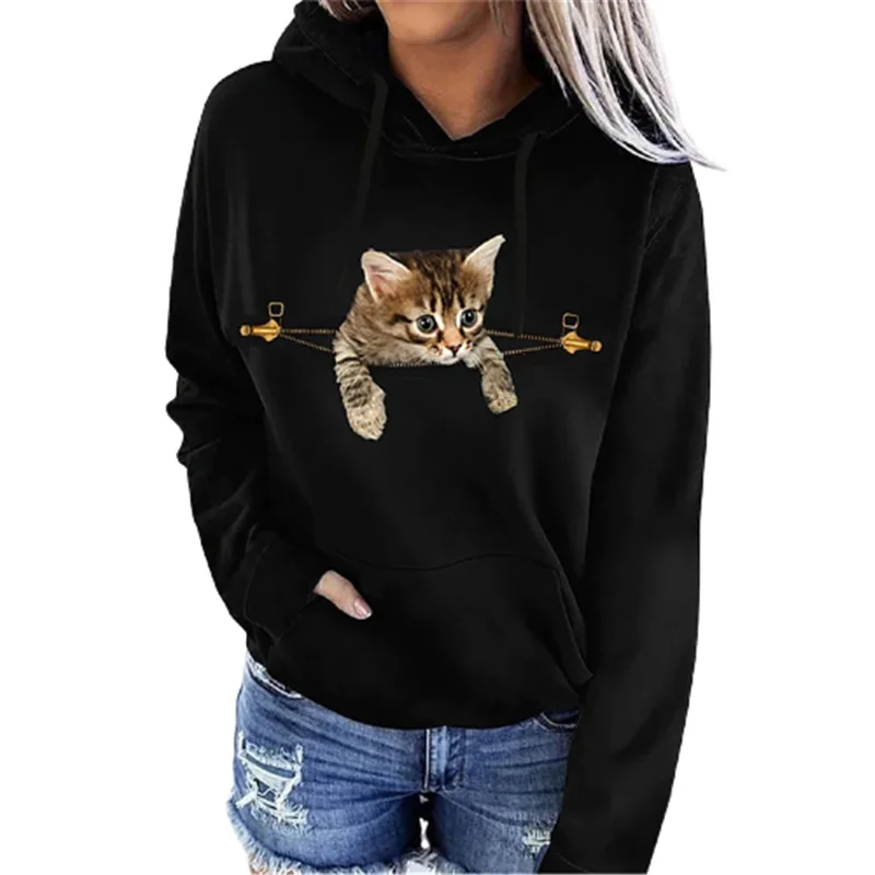 2021 Autumn Long Sleeve Women Hooded Sweatshirts Animal Print Funny Zipper Cat Hoodies Fashion Casual Loose Pullover Ladies Tops casual solid loose hooded hoodies women long sleeve plus size sweatshirts autumn pullover pure fashion tops 2020