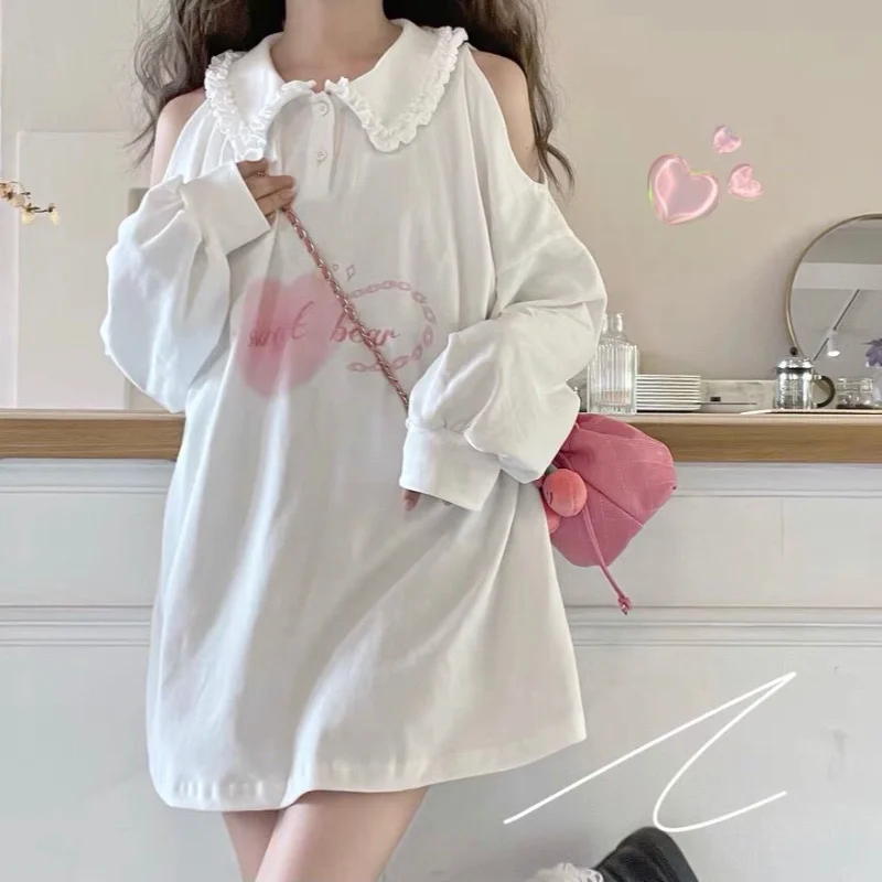 

Sweet Letter Korean Loose White Tshirts Dress Off Shoulder Long Sleeve Hoodies Turn Down Collar Half Button Women Y2k Tees