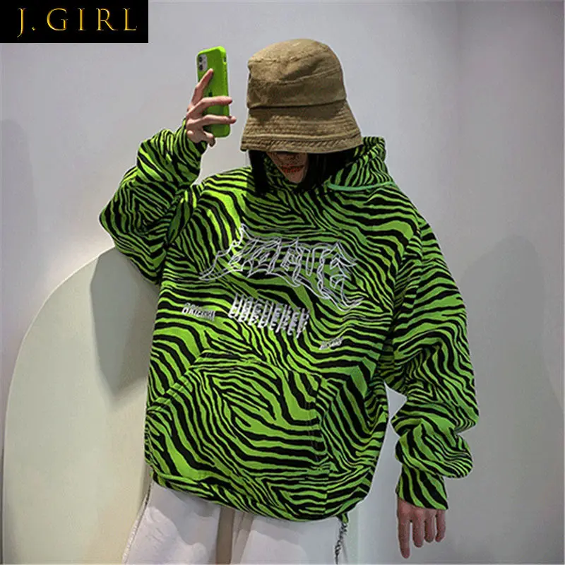 

With Hat Hoodies Harajuku Zebra-print Boyfriend BF Style Unisex Cool Cozy Couples Spring High Street Hooded Baggy Hipster Basic
