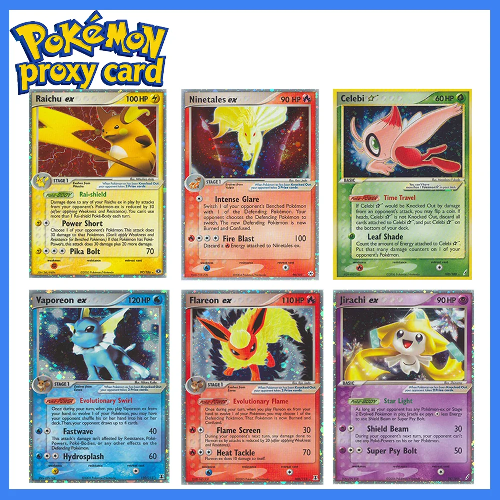 Фото Карточки PTCG: Редкие голографические карты, Raichu, Vaporeon, Celebi, Jirachi EX, Blastoise, коллекционные игровые карты, фольгированные одиночные карты, карты Pokemon Proxy №1