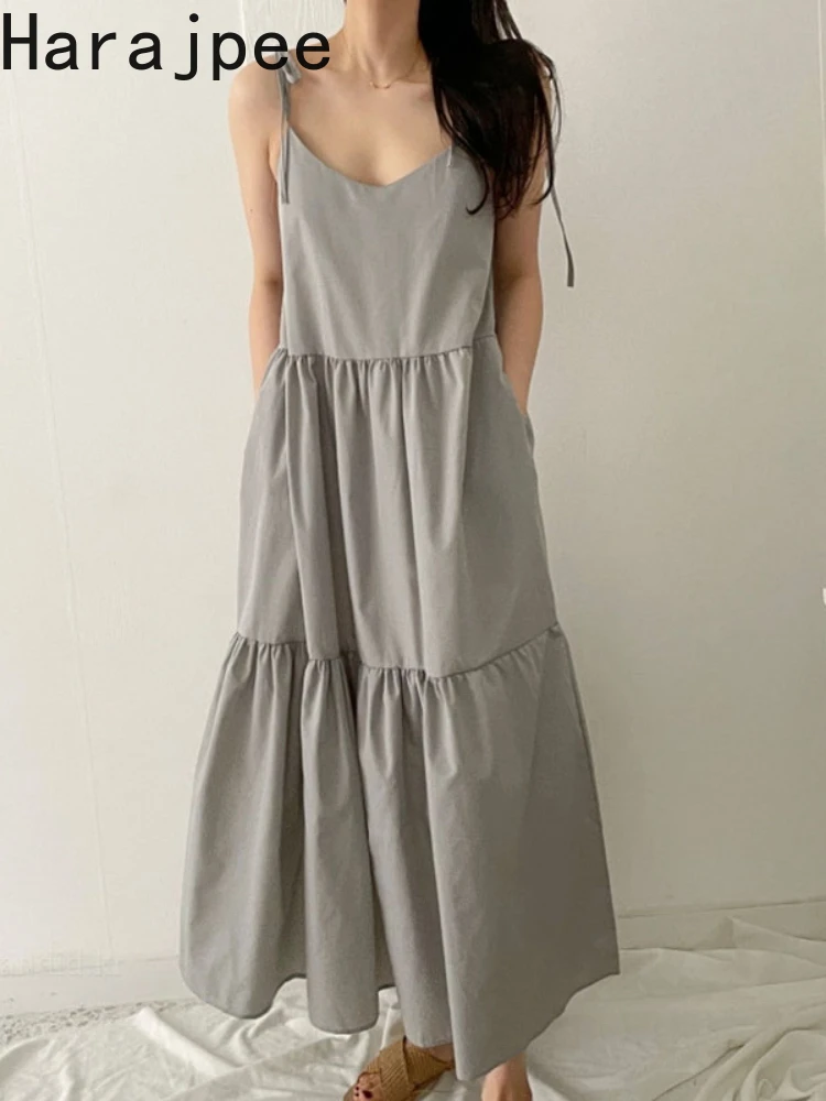 

Harajpee V Neck Slip Dress French Style Elegant Belt Pockets Suspender Dress Summer New Korean Chic High Waist Loose Long Dress