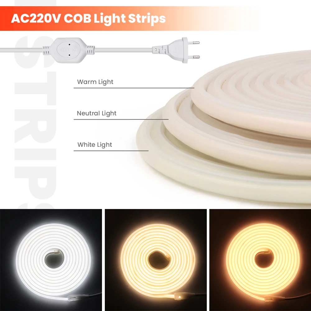 

Super Bright 220V LED Strip COB Neon Light Strip High Safety 288LEDs Flexible COB Light Waterproof for Outdoor Home Decoration