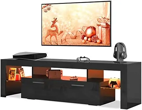 

LED TV Stand for 55 60 65 70 75 Inch TV, High Glossy Modern Entertainment Center, Large Wood TV Stand Gaming Media Cabinet with