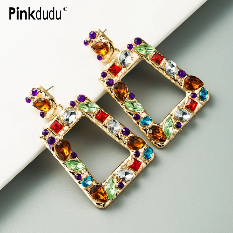 

Pinkdudu Fashion Cutout Geometric Square Drop Earrings Alloy Inlaid Colorful Rhinestone Earrings for Women Jewelry Gifts PD746