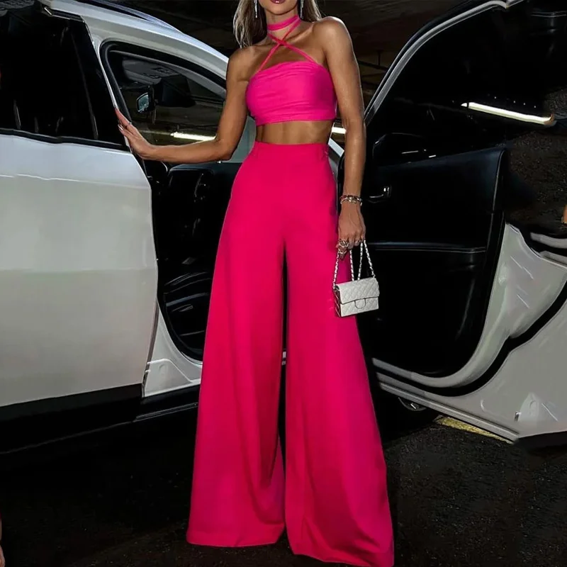 

Новинка, Женский комплект из двух предметов, летний пикантный однотонный Тонкий Топ без рукавов с лямкой на шее и высокой талией, свободные брюки с широкими штанинами и карманами