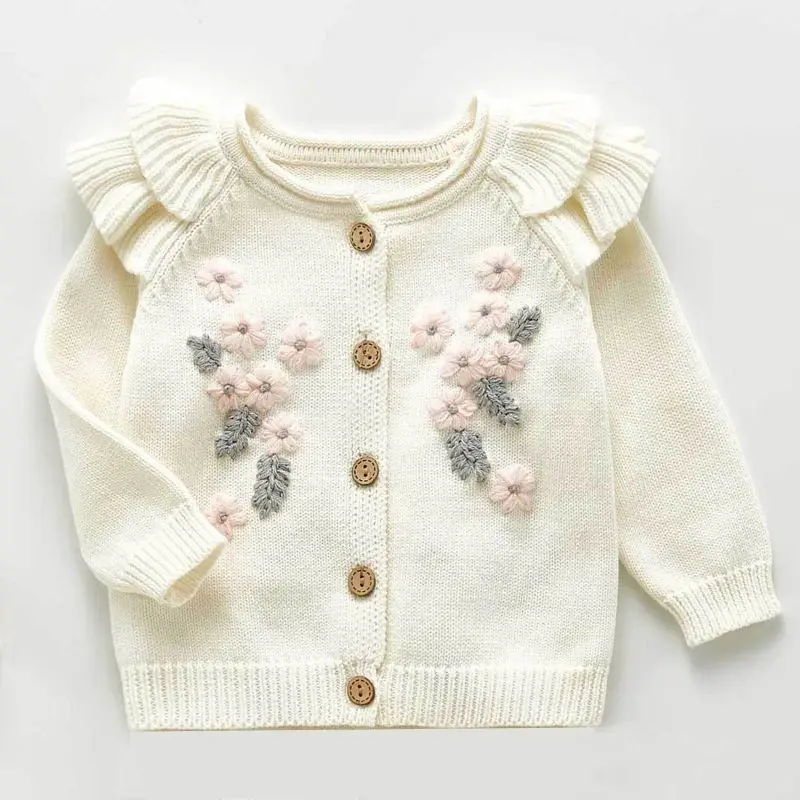 

Infant Baby White Clothing Fashion Embroidery Flowers Cardigans And Rompers Girls Toddler Knitted Clothes Sweet Outfits For Kids
