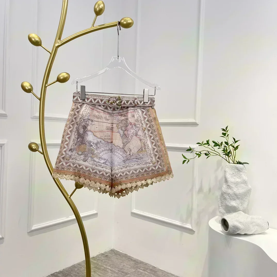 Льняной шелк винтажная блузка и шорты на шнуровке с длинными рукавами-фонариками