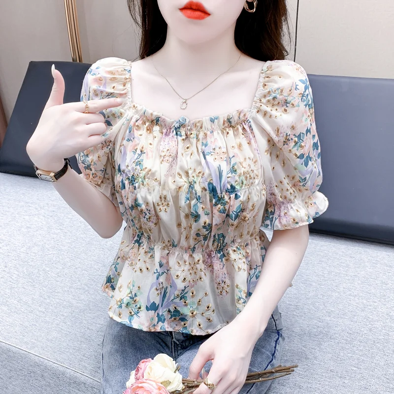 Женская шифоновая блузка с рукавами-фонариками и открытыми плечами