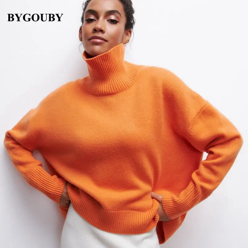 

Вязаный свитер BYGOUBY с высоким воротником, женские пуловеры, свитера, толстый теплый женский джемпер оверсайз, вязаное пальто, одежда