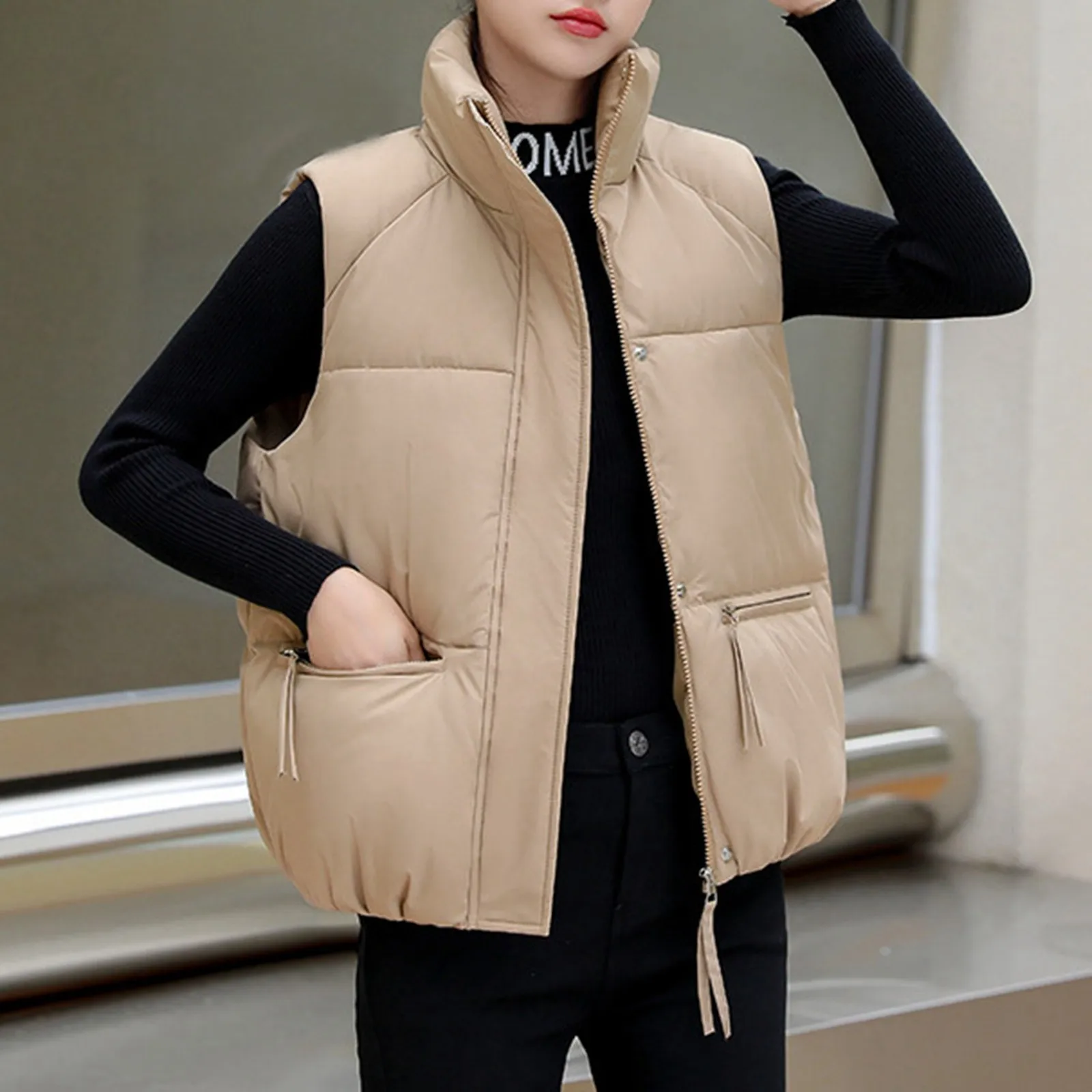 

Women's Autumn And Winter Thickened Standing Collar Cotton Clothes Vest Silid Color Versatile Pockets Short Cotton Vest Jacket