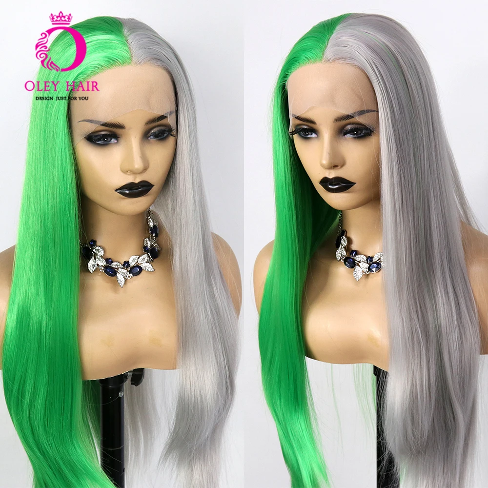

Grey And Green 13x4 Lace Front Colored 30 Inch Straight Drag Queen Cosplay Wigs For Black Women Pre Plucked Glueless