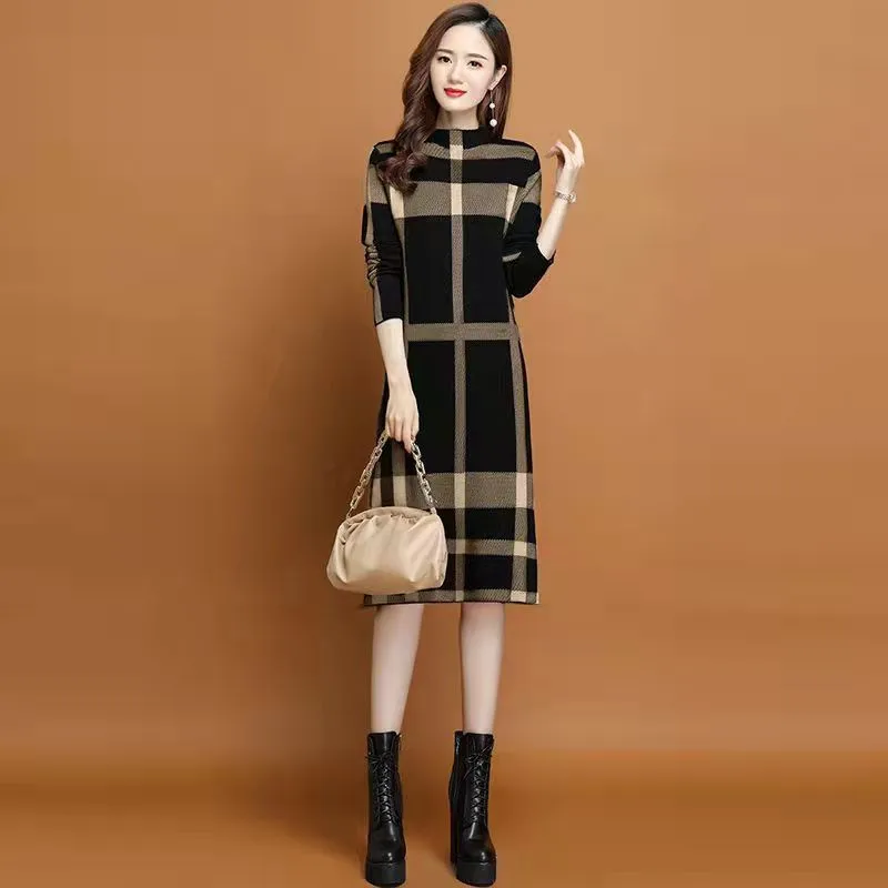 

Women Dress Spring Autumn 2023 New Casual Knitting Sweater Plaid Patchwork Turtleneck Pullover Bottom Knee-Length Female Clothes