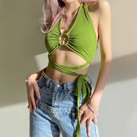 women halter crop top summer sexy hollow out backless solid rib knit women tank top bandage wrap bralette tanks top streetwears