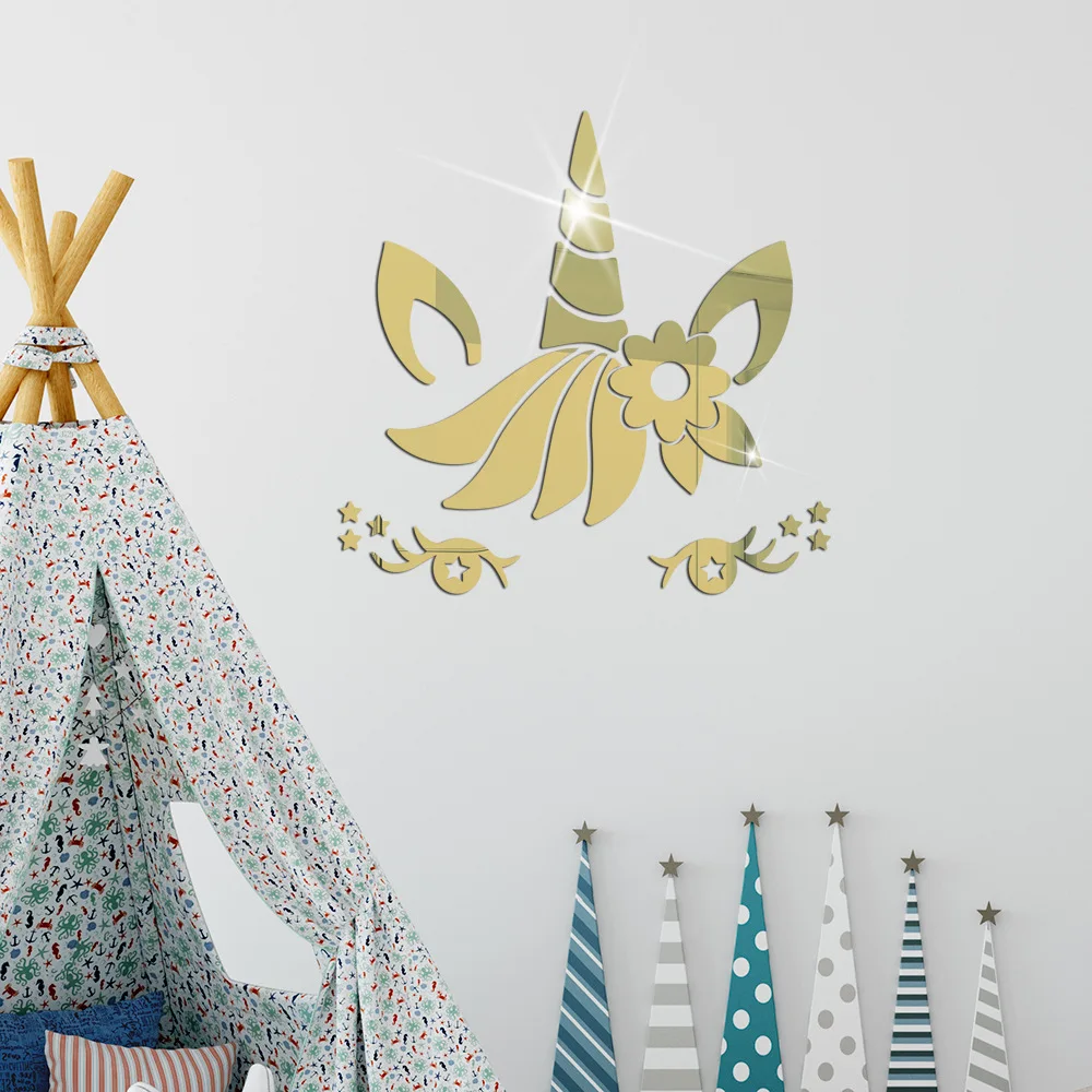 

Кавайные акриловые наклейки на стену в виде единорога, зеркальные наклейки, обои, декор для спальни, гостиной, аксессуары для украшения дома