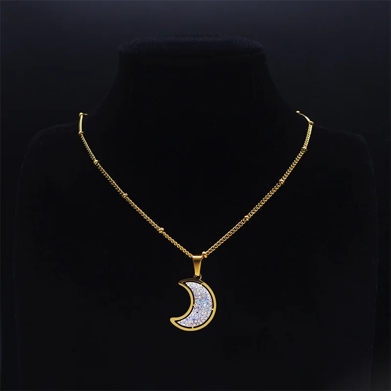 

2023 Moon Stainless Steel White Crystal Small Necklace Charm Gold Color Statement Necklaces Jewelry acier inoxydable N8045S06