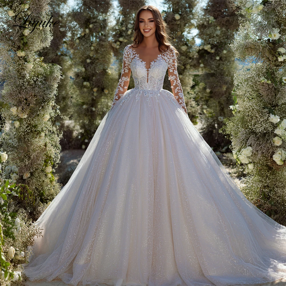 

Liyuke Full Sleeves Elegant Lace Wedding Dress Beading Sequined Pearls Appliques Bridal Gowns Vestido De Noiva