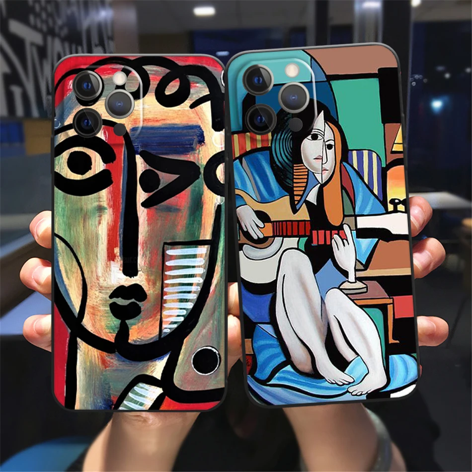 

Picasso Abstract Art Painting Phone Cover For iPhone 11 12 13 14 Pro XS Max X XR 7 8 14Plus 13Mini black Soft Silicone TPU Case