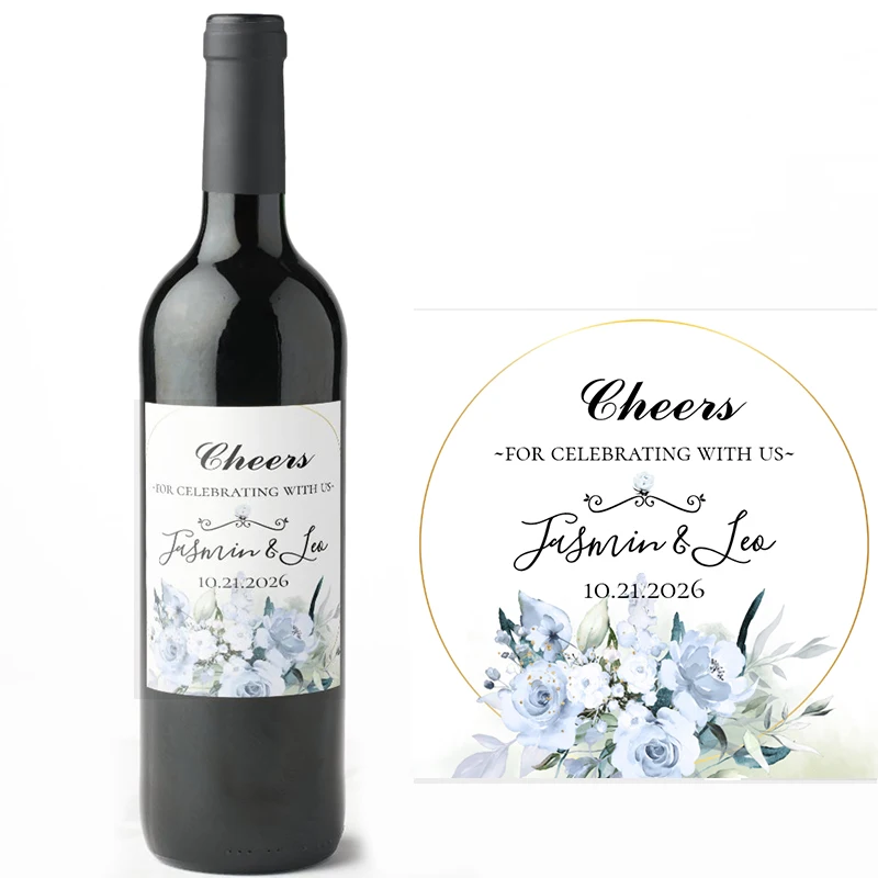 

18PCS CustomedElegant Blue Watercolor FlowersWine Bottle Labels Personalize Logo Waterproof PackagingDIY Party Decor Engagement
